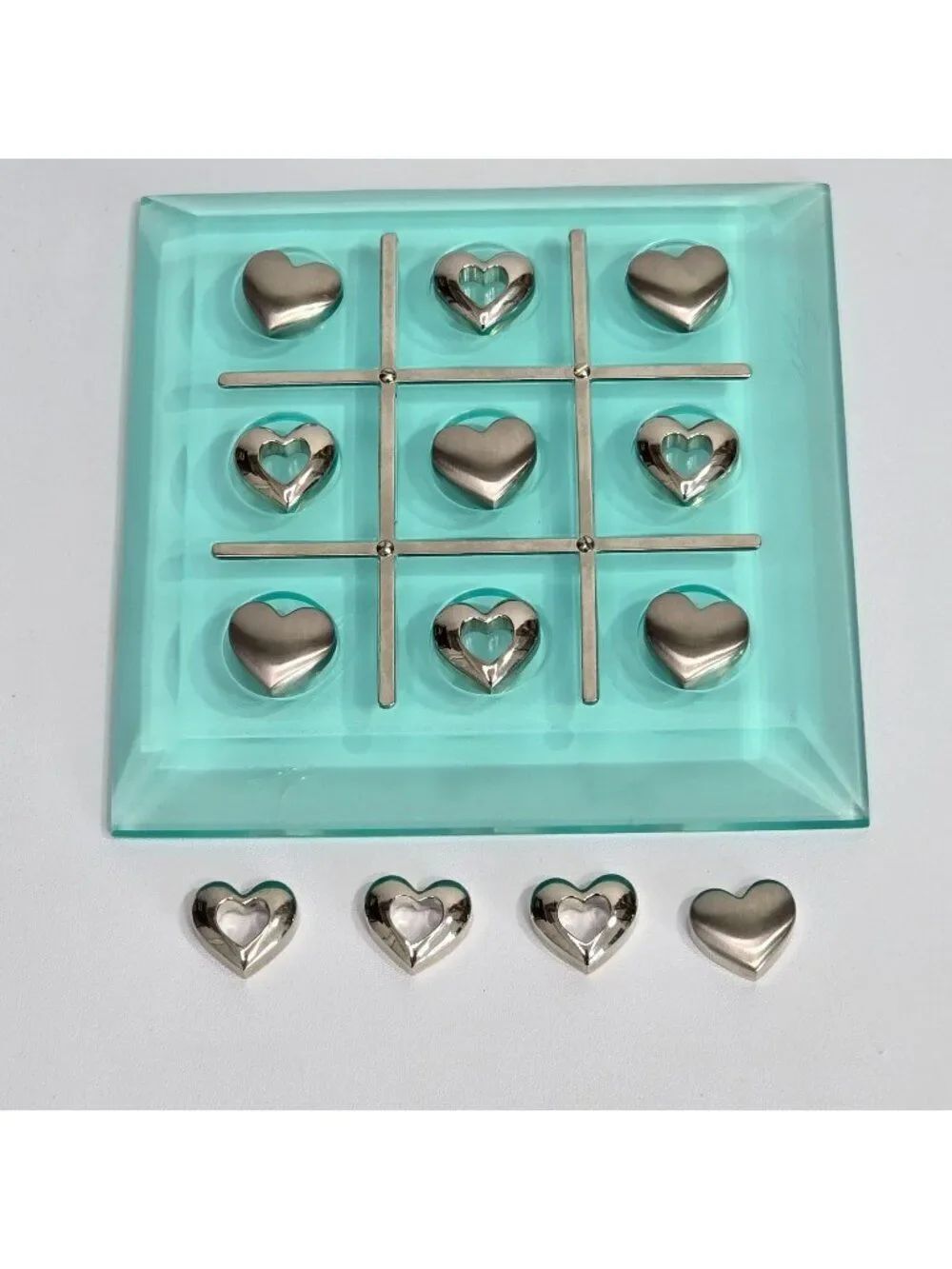 Tic Tac Toe Set Glass Board Mini Game 13 Heart Shaped Metal Pieces EliteCrafters